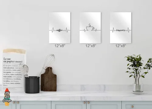 Vista 4 de HB Art Design Coffee Happiness Line Art 3 Panel Metal Print Set Wall Art Coffee Bar Decor Coffee Signs Kitchen Wall Decor Dining Room Restaurant