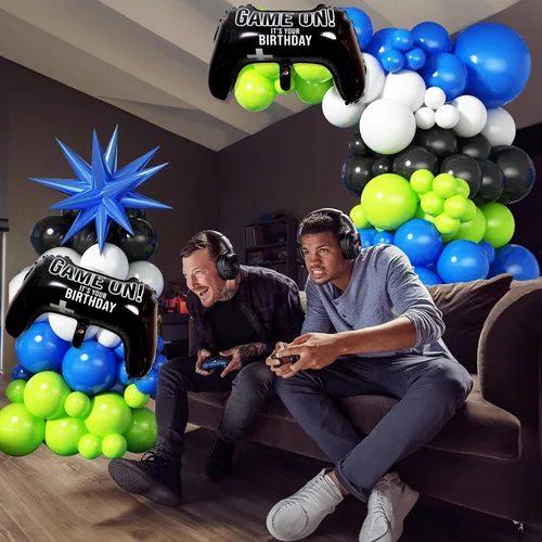 Vista 5 de Jobkoo Kit de Guirnalda de Arco de Globos de Videojuegos con Globos de Papel Metálico de Controlador de Juego Globos de Látex Azules Verdes Negros
