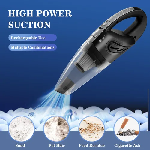 Vista 2 de Hiluce Aspiradora portátil inalámbrica para automóvil, aspiradora de mano de alta potencia para húmedo y seco, recargable por USB, ligera, bolsa