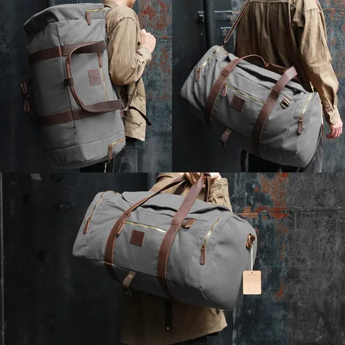 Vista 2 de Nomad - Bolsas de viaje de 50 litros para hombre, bolsa de lona de lona vintage de cuero genuino, bolsa de viaje multifuncional para fines de semana