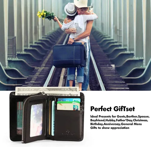 Vista 26 de Billetera para hombre con cremallera de cuero genuino RFID tarjeteros de piel de vaca con cremallera bolsillo para monedas, carteras plegables