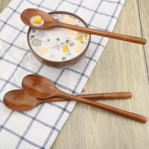Vista 6 de Cucharas de madera coreanas de 9 pulgadas para comer, 6 cucharas pequeñas Marrón