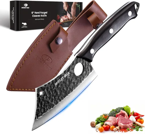 Vista 9 de Cuchillo de chef Mossy Oak, cuchillo de cocina para deshuesar, cortar y picar, cuchillo vikingo forjado a mano con mango de tanga completa y funda
