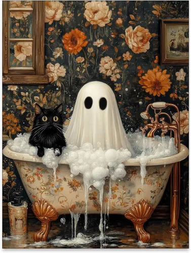 Vista 26 de Lienzo enmarcado negro para pared, póster de Halloween Dark Academia, pintura de gato negro, fantasma en la bañera, imágenes góticas de terror