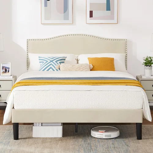 Vista 20 de VECELO Base de cama tamaño Queen, base de cama de plataforma con cabecera tapizada de altura ajustable, marcos resistentes y fuerte soporte