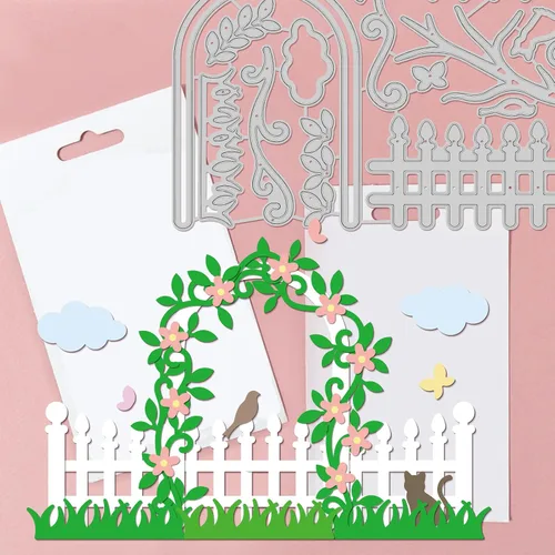 Vista 5 de GLOBLELAND Juego de troqueles de vallas de jardín para árboles y plantas, plantilla de estampado de flores de acero al carbono para hacer tarjetas