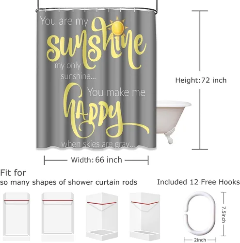 Vista 6 de Cortina de ducha "Eres mi sol" amarilla y gris, 66"x72", juego de cortinas de baño impermeables para decoración del hogar, con ganchos