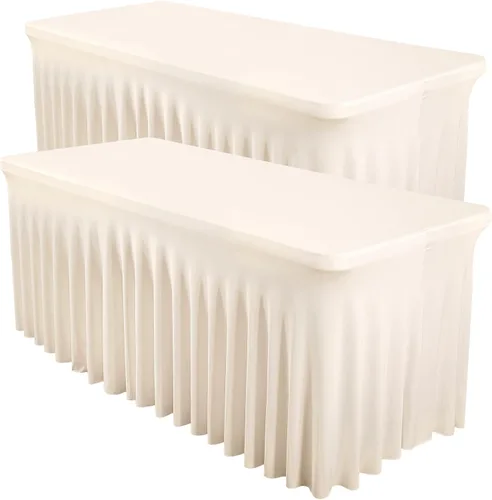 Vista 29 de Paquete de 2 manteles color azul bebé para mesa rectangular de 4 pies, manteles de elastano elásticos de 4 pies, falda blanca rectangular para baby