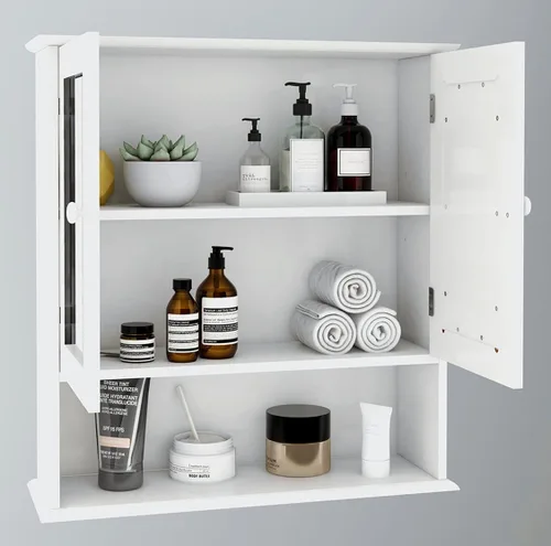Vista 4 de Botiquín de baño montado en la pared con puertas de espejo dobles, Armario de baño colgante de madera con puertas y estantes, gabinete de espejo