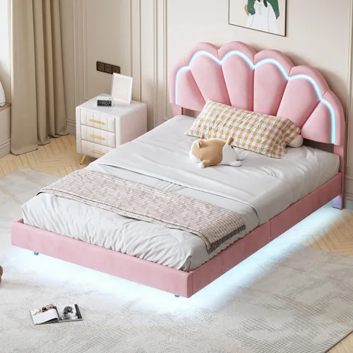 Vista 16 de Cama de plataforma de madera tamaño individual con luz LED integrada, cabecera de almacenamiento y barandilla, dormitorios adecuados para niños