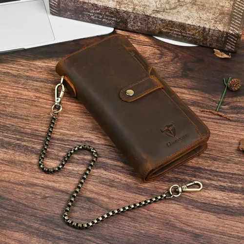 Vista 76 de Genuino Caballo Loco Cuero Regalo de Viaje Moneda Bolsillo Tarjetero Organizador Largo Cadena Rfid Cartera Monedero Con Broche Para Hombres Hombres