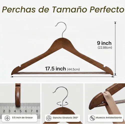 Vista 9 de HOUSE DAY Paquete de 10 perchas de madera resistentes para armario, colgador de madera con acabado liso con barra antideslizante para pantalones