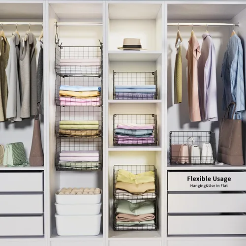 Vista 7 de Organizador Colgante de Closet de 4 Niveles, Organizadores de Closet y Almacenamiento con 5 Ganchos en S, Estantes Colgantes de Closet y Cestas