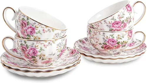 Vista 13 de Agyiuns Taza de té y platillos, tazas de té floral de 6.4 onzas con borde dorado, taza de té de porcelana, tazas de café capuchino espresso con Azul