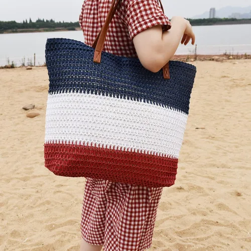 Vista 88 de Bolso grande de paja para mujer, tejido de ratán, bolso de playa de verano, a rayas
