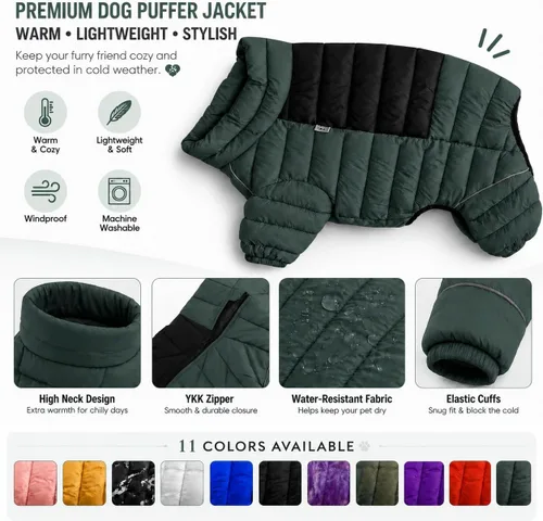 Vista 3 de Suéter para Perro ArmyGreen, Resistente al Viento, Reflectante - Chaqueta de Invierno Dirigible para S, M, L - Cremallera, Tallas Ajustables Verde