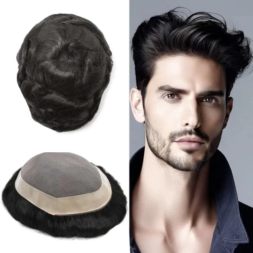 Vista 78 de Toupee de cabello humano fino mono revestido de poliéster para hombre, postizo de monofilamento duradero NPU monofilamento tupé para hombres