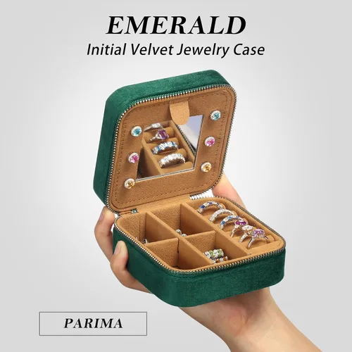 Vista 7 de Organizador de joyas de viaje de terciopelo de felpa, caja de viaje con inicial bordada, organizador de aretes, collares, anillos, regalos