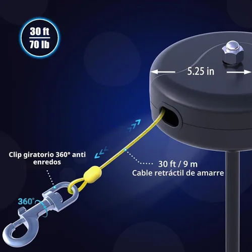 Vista 2 de Cable y estaca de amarre para perros de 30 pies, anclaje de acero en espiral pesado de 360° sin enredos y correa retráctil para perros pequeños a