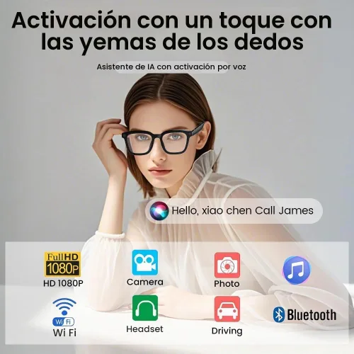 Vista 2 de Al Smart Glasses, cámara HD 1080p con funciones de música y llamadas, gafas inteligentes Ai con Bluetooth para grabación de video remota, control