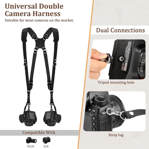 Vista 6 de Jumyee Double Camera Harness for 2 Cameras, Adjustable Dual Shoulder Leather Camera Strap for DSLR/SLR