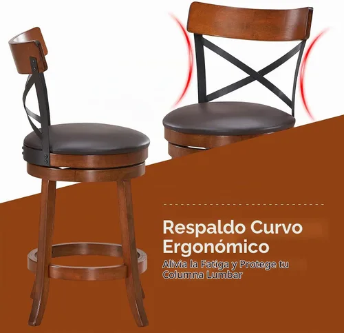 Vista 8 de COSTWAY Juego de 2 taburetes de bar giratorios de madera maciza de 360 grados con cojín suave y respaldo, taburetes de bar de cocina de 25 pulgadas