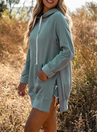 Vista 3 de La Chilly Sudadera con capucha de gran tamaño para mujer, casual, larga, dobladillo con abertura alta, con bolsillo tipo canguro
