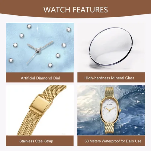 Vista 5 de Reloj de oro para mujer con esfera de diamante artificial, pulsera de acero inoxidable, movimiento de cuarzo, resistente al agua para la oficina