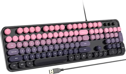 Vista 27 de Atelus Teclado USB con cable con retroiluminación de 7 colores, teclado de tamaño completo con teclas retro, teclado numérico y tecla de acceso