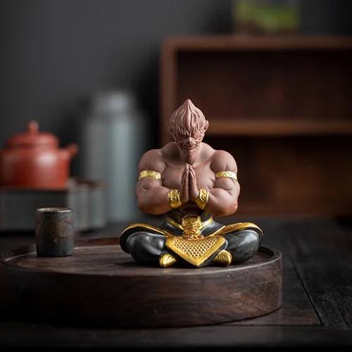 Vista 2 de Figura de rey mono, figura de Sun Wukong de músculos fuertes, estatua de viaje de cerámica al oeste, estatua de meditación de Wukong de 5.5 pulgadas