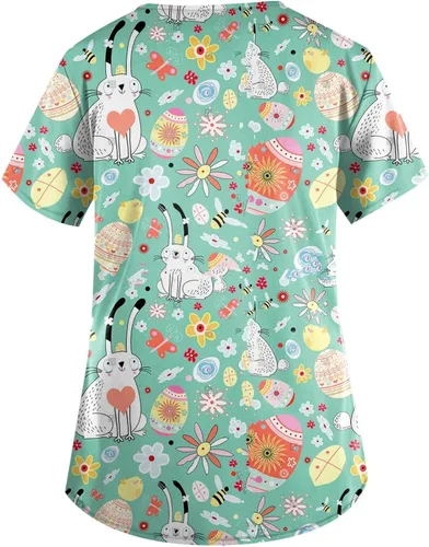 Vista 2 de FlekmanArt Camisetas elásticas de manga corta para mujer, con estampado de Pascua, ajustadas, cuello en V, con temperamento