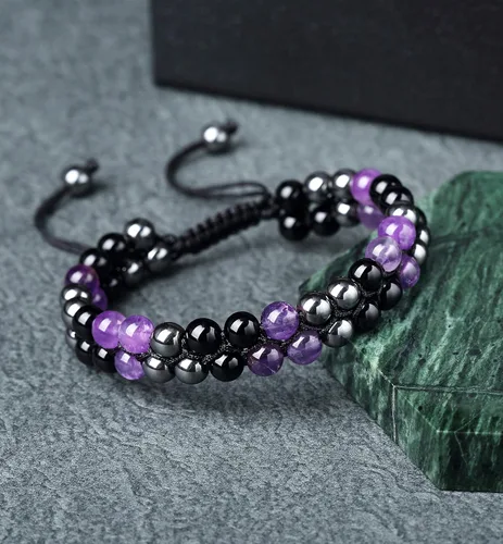 Vista 3 de Paquete de 2 pulseras de triple protección, obsidiana negra y hematita genuina de ojo de tigre y cuentas de hematita para hombres y mujeres, hechas
