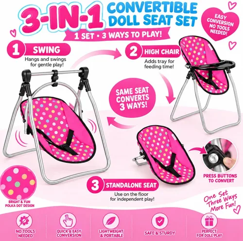 Vista 2 de Fash n kolor Juego de Muñeca Bebé de 3 Piezas – Parque Infantil de Diseño de Lunares, Cochecito de Muñeca Plegable, Silla Alta – Compatible