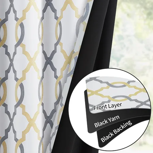Vista 3 de Cortinas 100% blackout, de 54 pulgadas de largo, para dormitorio, amarillo gris sobre blanco con patrón geométrico marroquí, para sala de estar