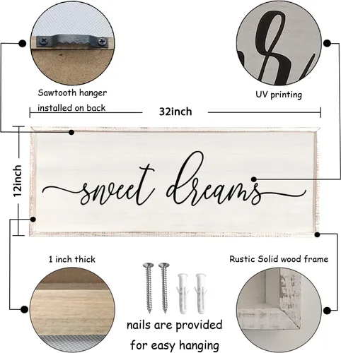 Vista 3 de Decoración de pared de Dulces Sueños sobre la cama de 32"×12" para dormitorio principal, gran letrero de Dulces Sueños, decoración de pared