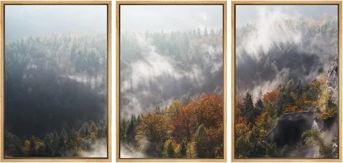Vista 99 de SIGNWIN Lienzo enmarcado para pared, juego de arte nublado de tormenta, cielo, bosque otoñal, árboles, rústico, naturaleza, fotografía, realismo