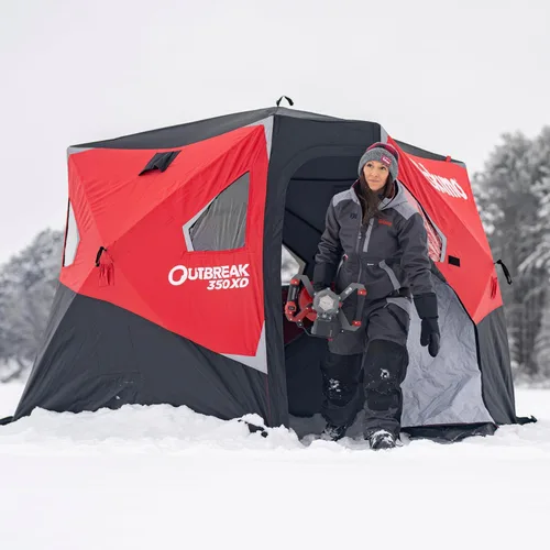 Vista 2 de Eskimo Outbreak Portable Pop-Up Ice Fishing Shelter, Stormshield Insulated Fabric, No Trip Door, Durable Hub Design, Deluxe Tie Downs