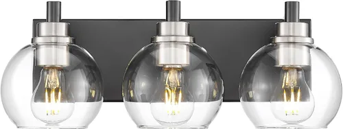 Vista 20 de Accesorios de iluminación de baño, luz de tocador mate negra de 2 luces, apliques de pared modernos con pantalla de globo de vidrio transparente