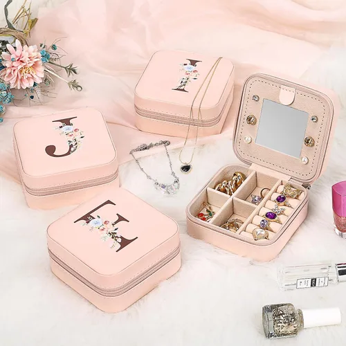 Vista 2 de Joyero de viaje para mujer, artículos esenciales de vacaciones para mujeres, anillo collar, aretes, caja organizadora de joyas con espejo, regalos