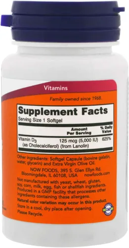 Vista 2 de NOW Vitamina D-3 5,000 UI,120 cápsulas blandas