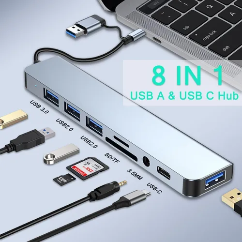 Vista 2 de Hub USB C Hub USB 3.0, extensor USB 8 en 1 de aluminio VIENON con lector de tarjetas SD/TF, conector auxiliar de auriculares de 3.5mm para MacBook