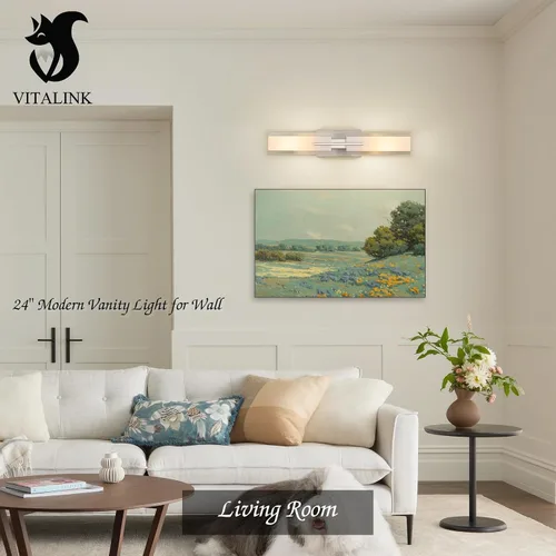 Vista 6 de VitaLink Lámpara de tocador de baño de 24 pulgadas, níquel satinado, 2 luces de vidrio esmerilado para baño, accesorios de iluminación cableados