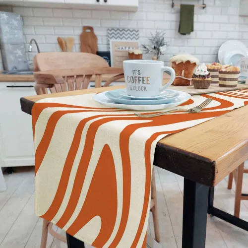 Vista 6 de Camino de mesa negro salvia, estético retro bohemio de los años 70, decoración abstracta de remolinos ondulados, decoración de mesa de comedor