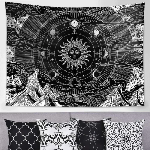 Vista 5 de Neapth Tapiz de sol para decoración de dormitorio y dormitorio, arte de pared blanco y negro, sol y luna, 59 x 59 pulgadas 1 Montaña del Sol