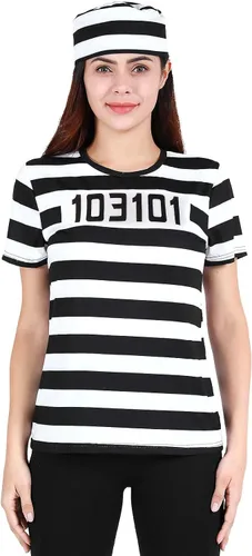 Vista 3 de Funny World Disfraz de prisionero para mujer, camisetas a rayas con sombrero