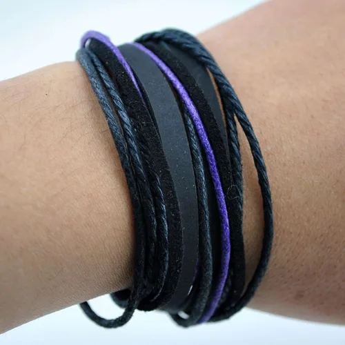 Vista 4 de Pulsera de piel auténtica para hombre y mujer, multicapa, ajustable, con cuerda multicolor