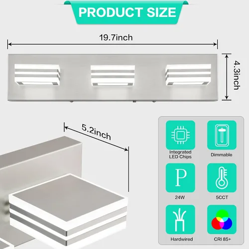Vista 6 de SOLFART Lámparas LED para tocador de baño: 3 luces de níquel cepillado moderno acrílico para pared de baño sobre espejo de 20 pulgadas 5CCT Níquel
