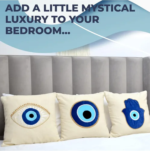 Vista 5 de WALBROOK Funda de almohada de mal de ojo bohemio Hamsa de 18 x 18 pulgadas, fundas de almohada decorativas, decoración de ojo azul, almohadas azules