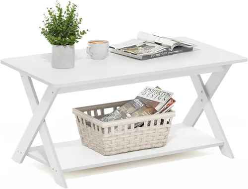 Vista 9 de Furinno – Mesa de café moderna y simplista, mesa de café rectangular moderna con patas en X, mesa auxiliar entrelazada, para sala de estar, Pino