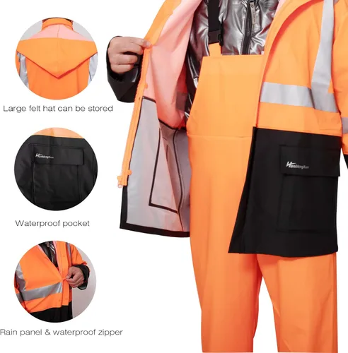 Vista 5 de HAOKAISEN Traje de lluvia para hombre, resistente al agua, alta visibilidad, reflectante, chaqueta de lluvia con pantalones de babero